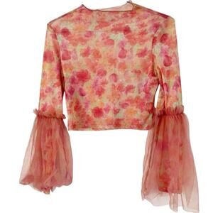 Shein Pink Yellow Sheer Mesh Tulle Flare Sleeve Crop Top Size Large